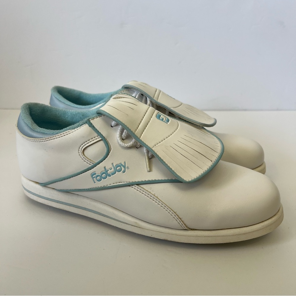 FootJoy GreenJoy Women’s Spiked Golf Shoes Size 9.5 M Kiltie Fringe White Blue